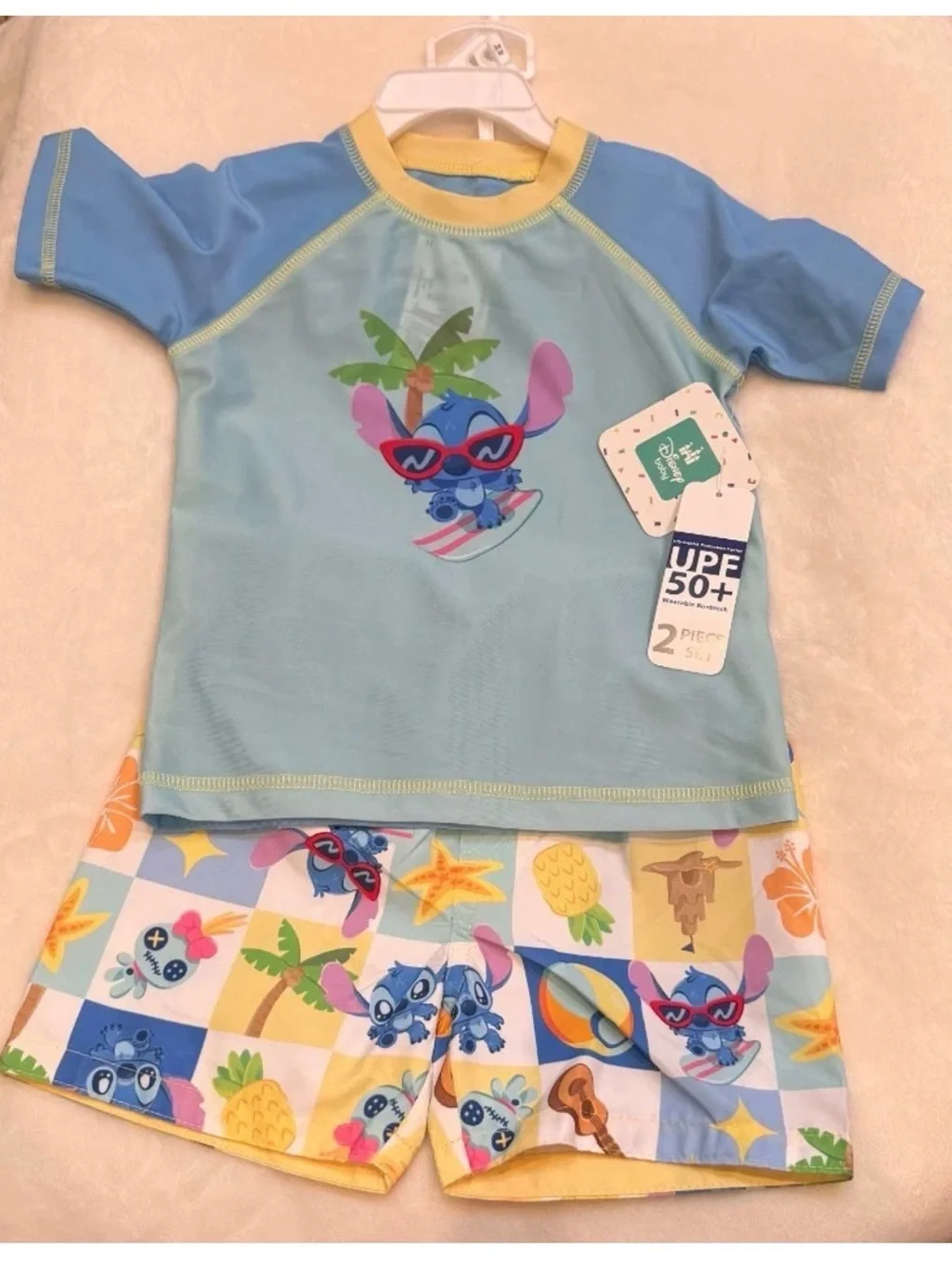 Disney Stitch Kids UPF 50+ Rash Guard and Swim Shorts